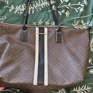 Michael Kors Brown Tote with Black and White Stripe